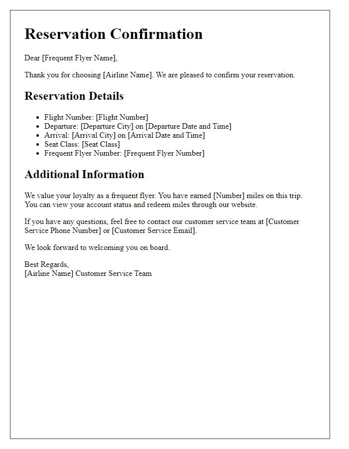 Letter template of airline reservation confirmation for frequent flyer program.