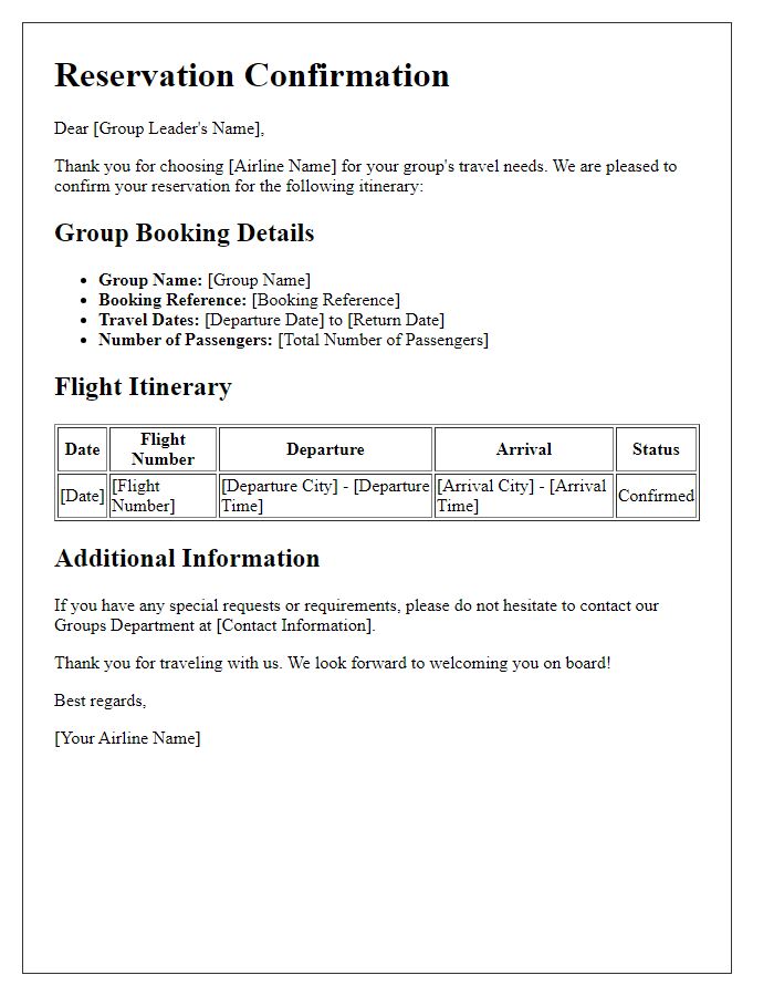 Letter template of airline reservation confirmation for group booking.