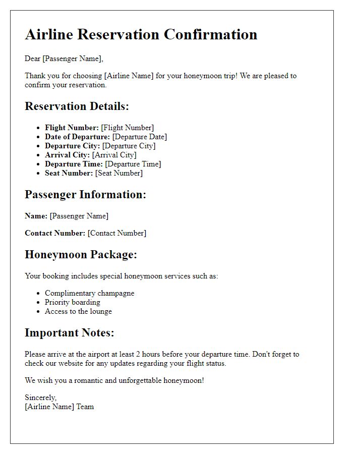 Letter template of airline reservation confirmation for honeymoon trip.