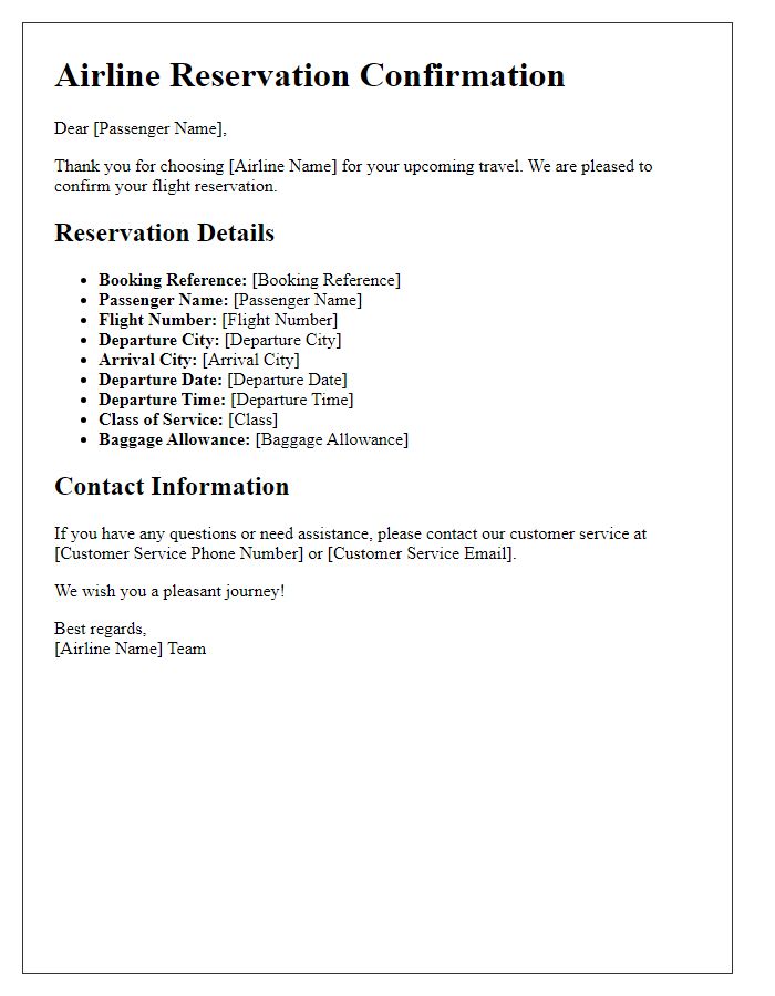 Letter template of airline reservation confirmation for international travel.