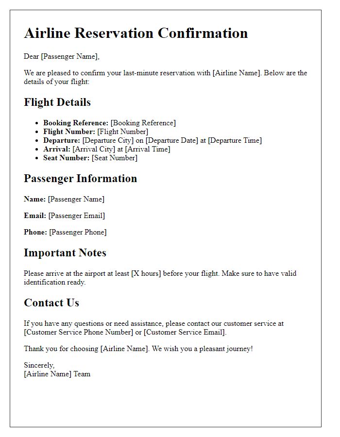 Letter template of airline reservation confirmation for last-minute travel.