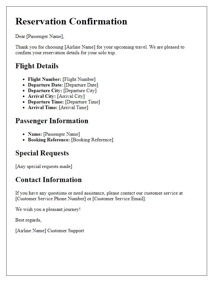 Letter template of airline reservation confirmation for solo travel.