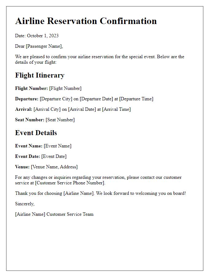 Letter template of airline reservation confirmation for a special event.