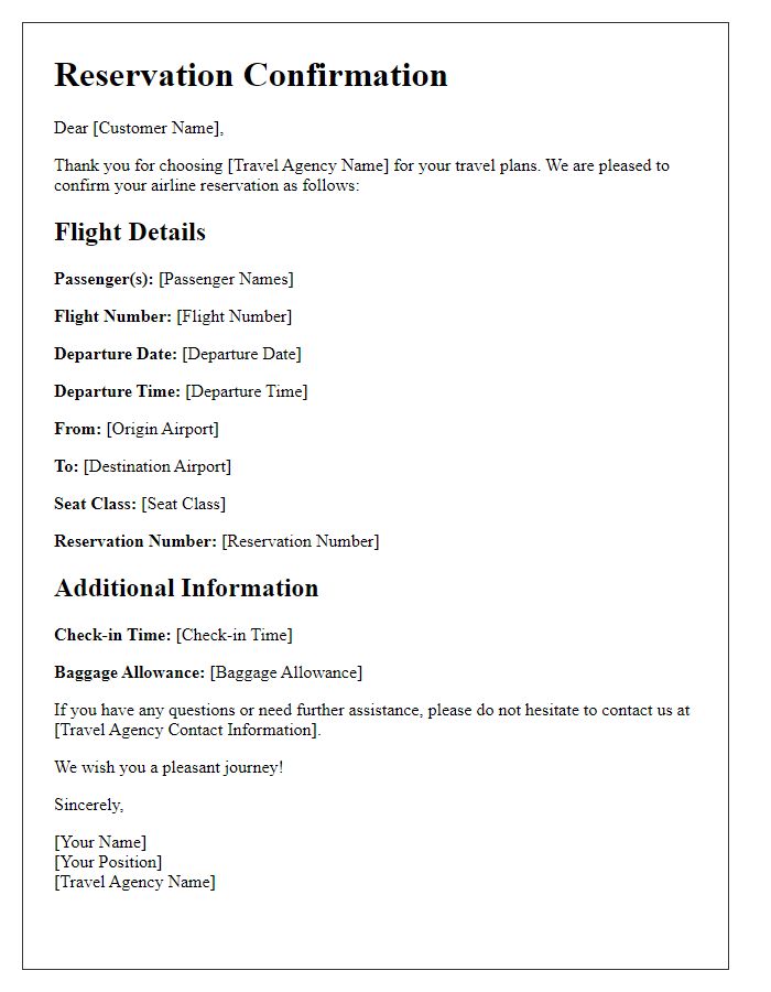 Letter template of airline reservation confirmation for travel agency use.