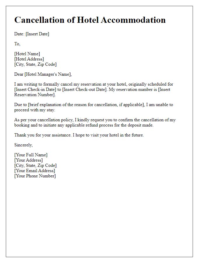 Letter template of hotel accommodation cancellation