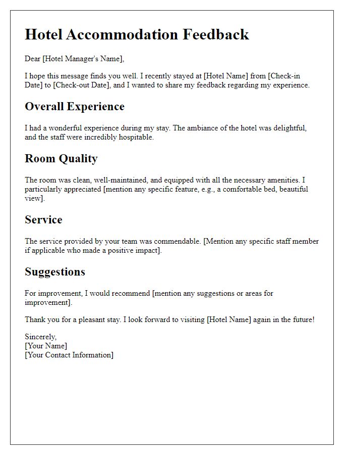 Letter template of hotel accommodation feedback