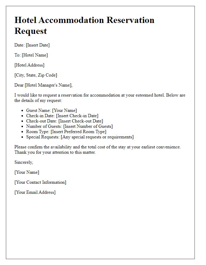 Letter template of hotel accommodation reservation request