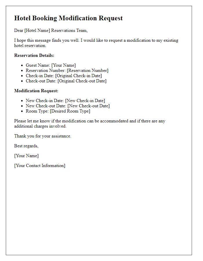 Letter template of hotel booking modification