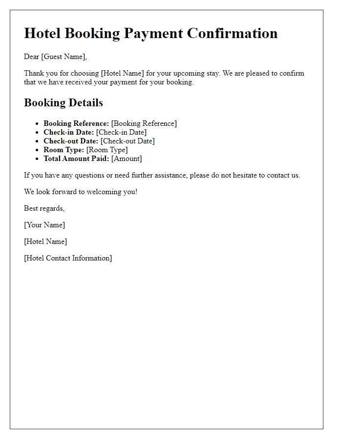 Letter template of hotel booking payment confirmation