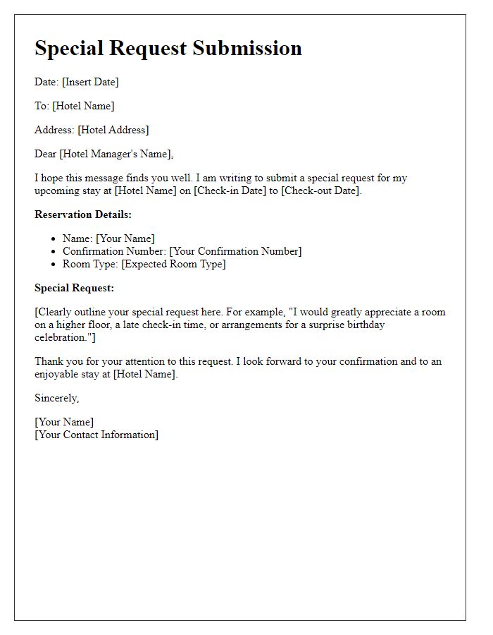 Letter template of hotel special request submission