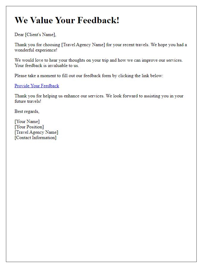 Letter template of client feedback invitation for travel agency.