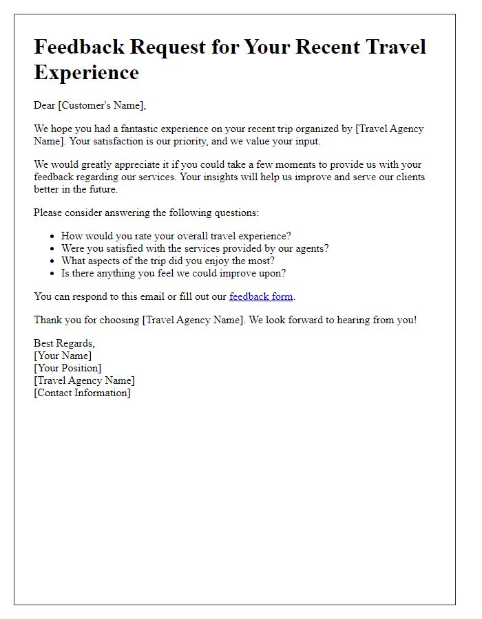 Letter template of feedback request for travel agent services.