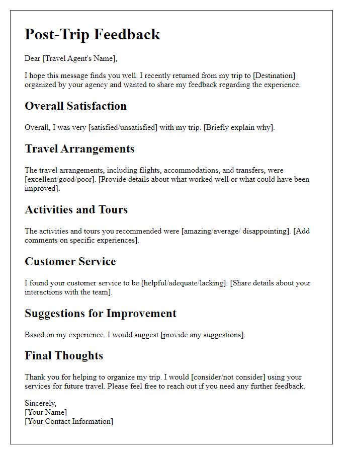 Letter template of post-trip feedback for travel agent evaluation.