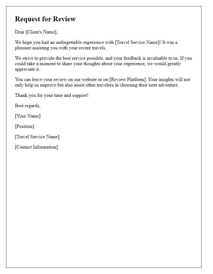 Letter template of travel service review request for clients.