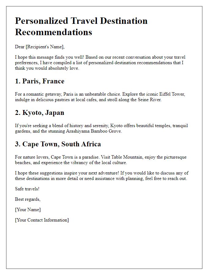 Letter template of personalized travel destination recommendations.