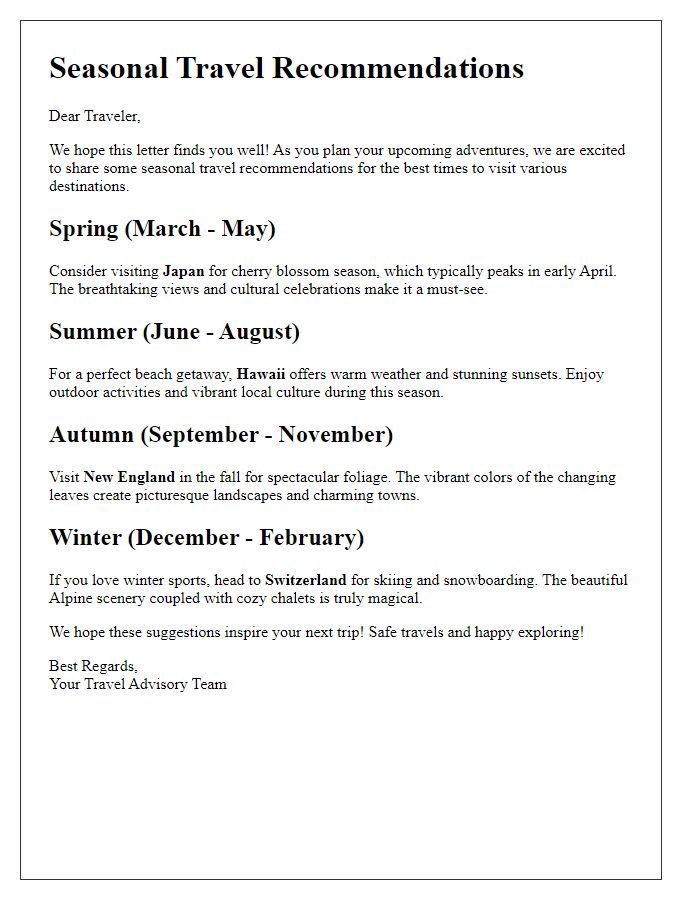 Letter template of seasonal travel recommendations for the best times to visit.