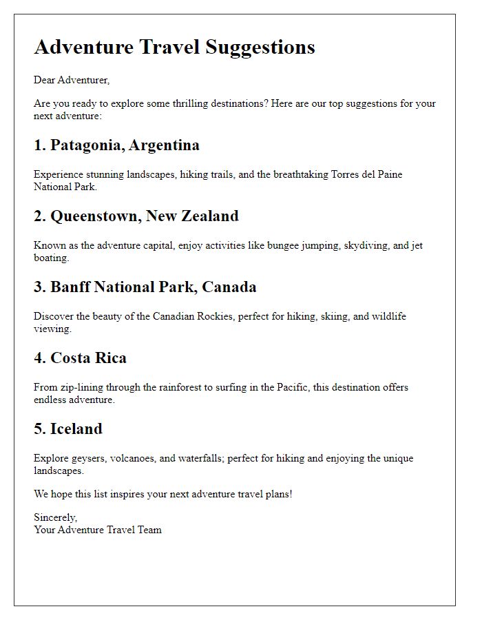 Letter template of suggested travel spots for adventure seekers.