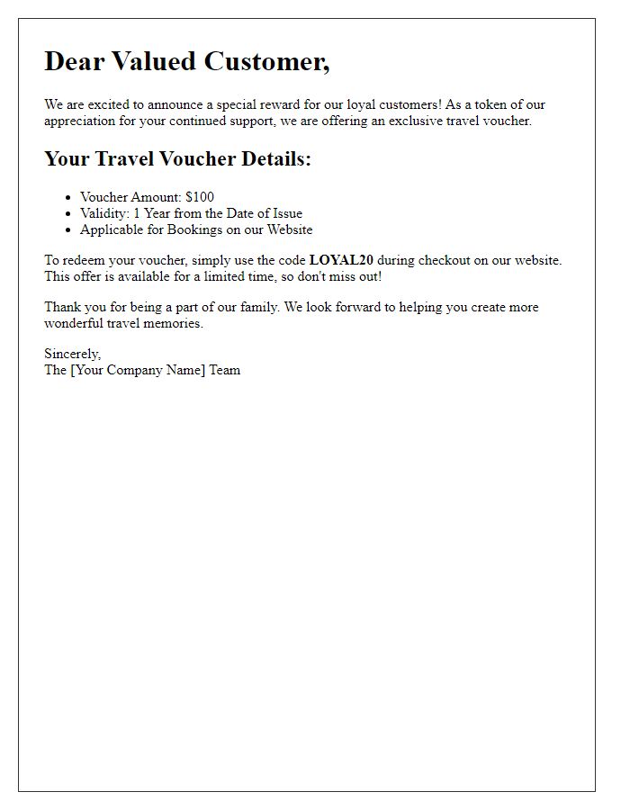 Letter template of customer loyalty travel voucher announcement