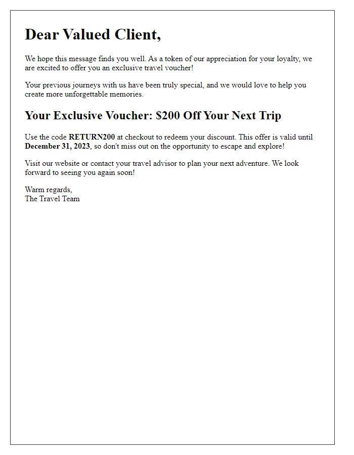 Letter template of exclusive travel voucher offer for returning clients