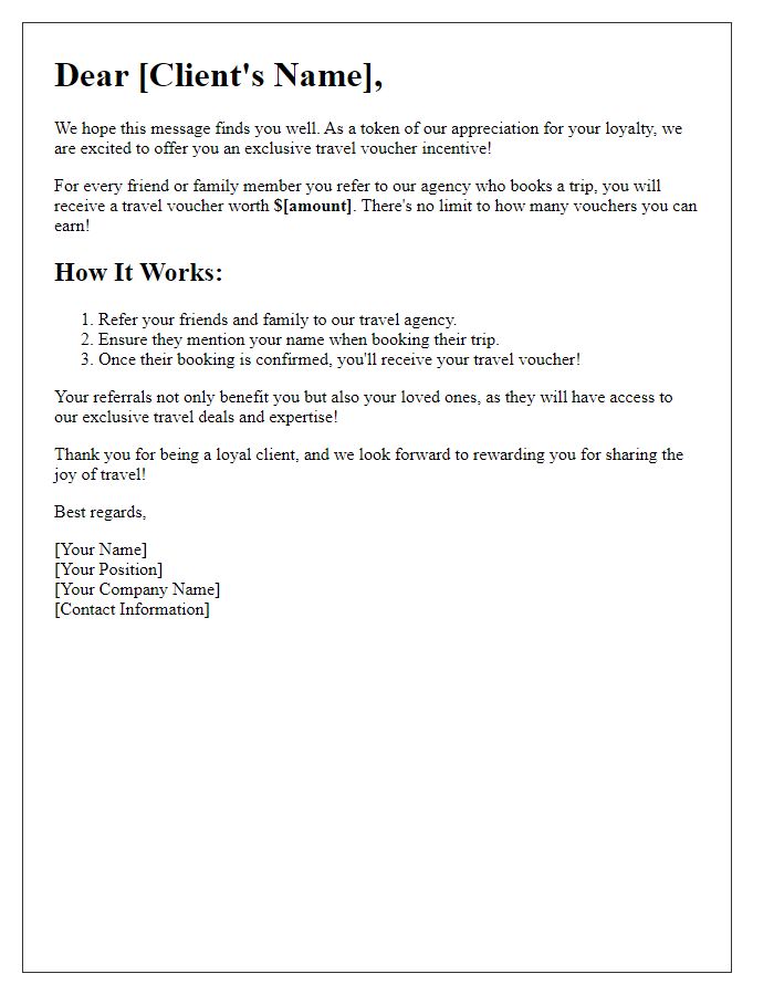 Letter template of referral-based travel voucher incentives for loyal clients