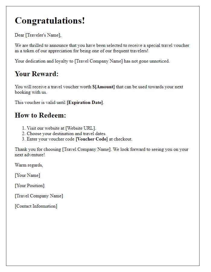 Letter template of special travel voucher rewards for frequent travelers