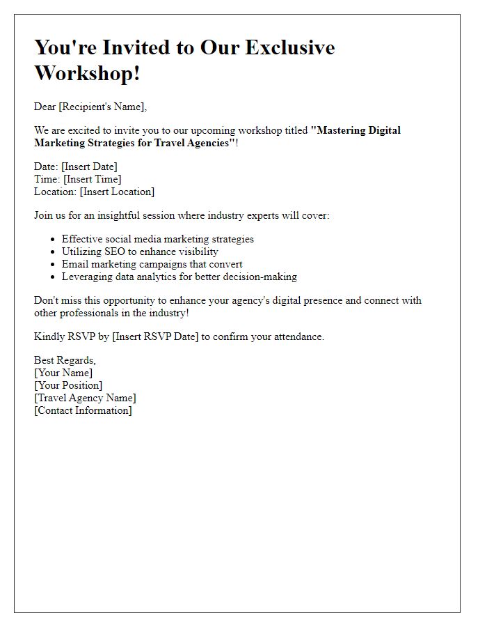 Letter template of travel agency workshop invitation addressing digital marketing strategies.