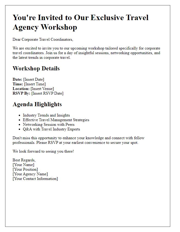 Letter template of travel agency workshop invitation for corporate travel coordinators.