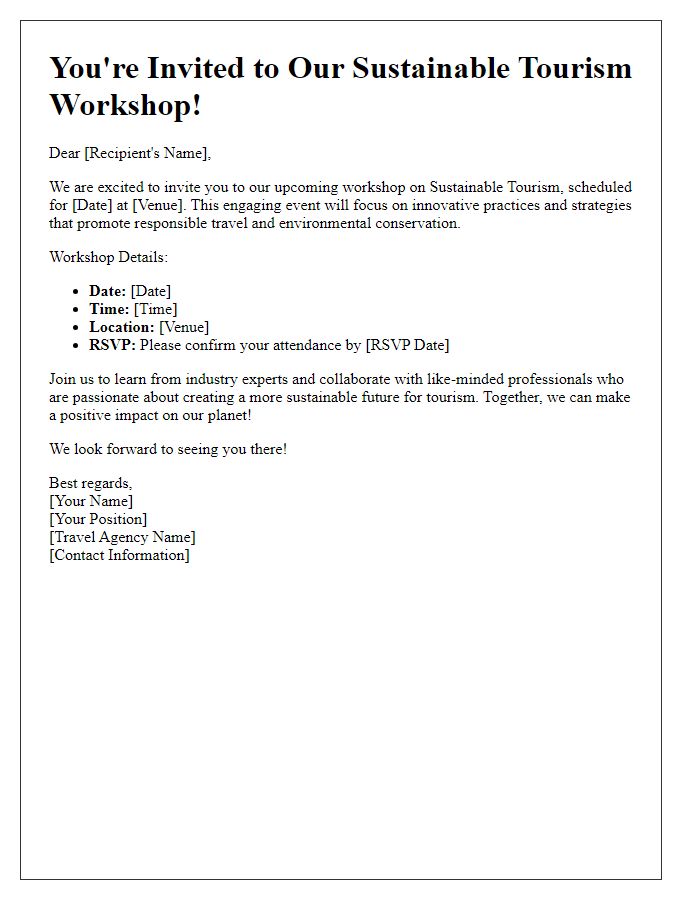 Letter template of travel agency workshop invitation emphasizing sustainable tourism.