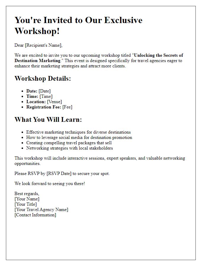 Letter template of travel agency workshop invitation focused on destination marketing.