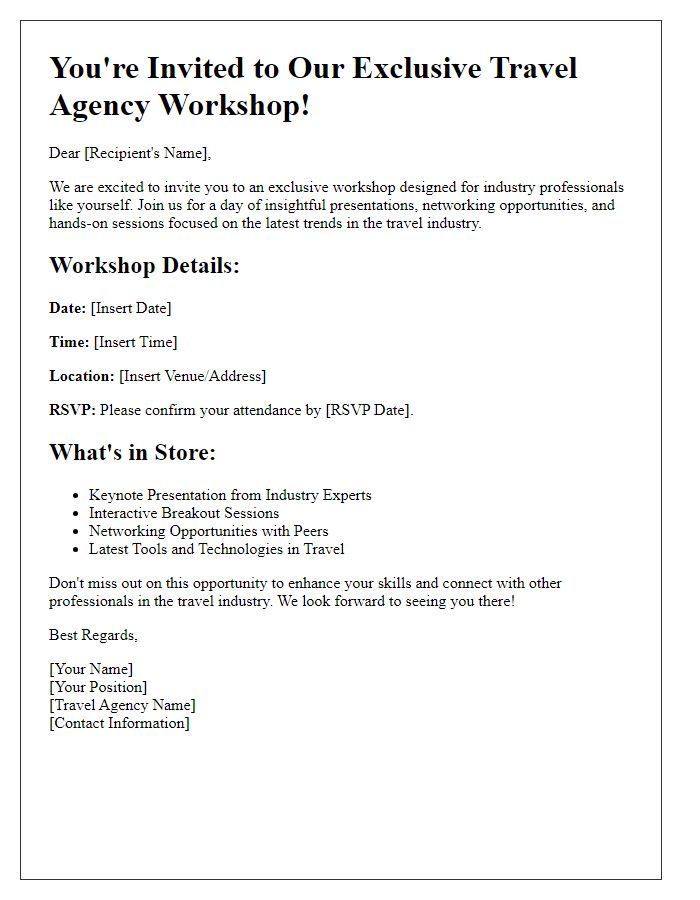 Letter template of travel agency workshop invitation for industry professionals.