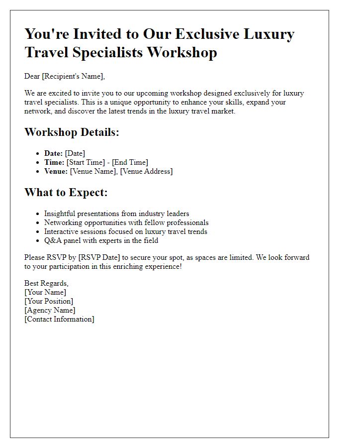 Letter template of travel agency workshop invitation for luxury travel specialists.