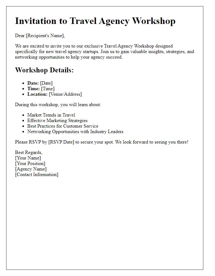 Letter template of travel agency workshop invitation for new travel agency startups.