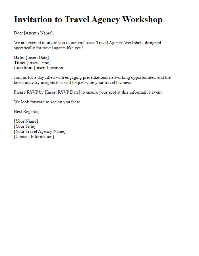 Letter template of travel agency workshop invitation tailored for travel agents.