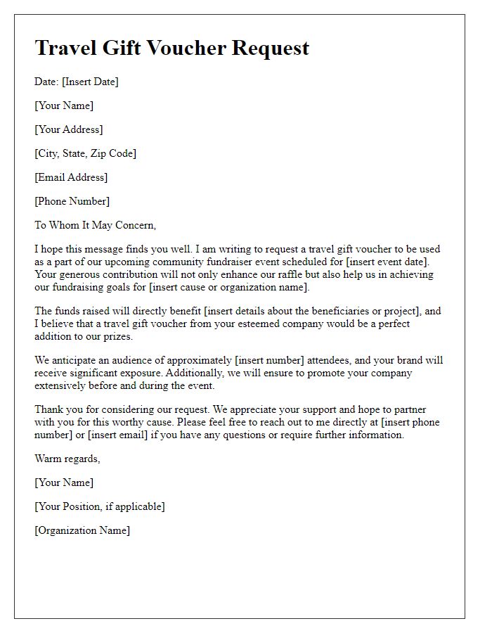 Letter template of travel gift voucher request for community fundraisers.