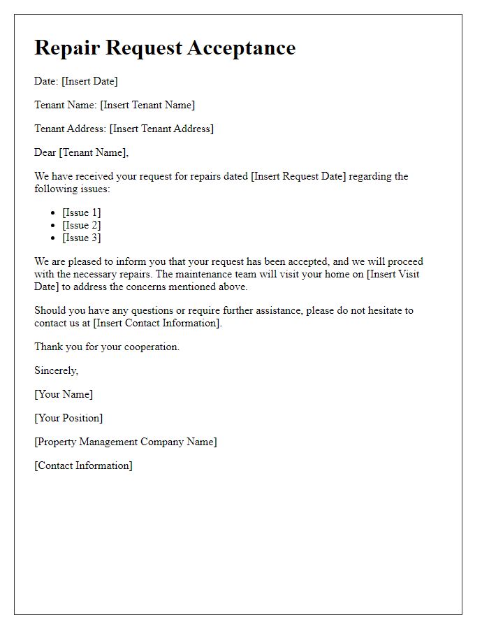 Letter template of tenant repair request acceptance