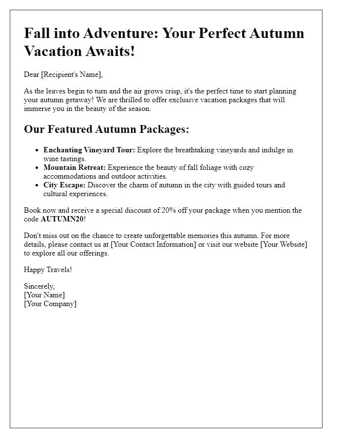 Letter template of autumn vacation packages