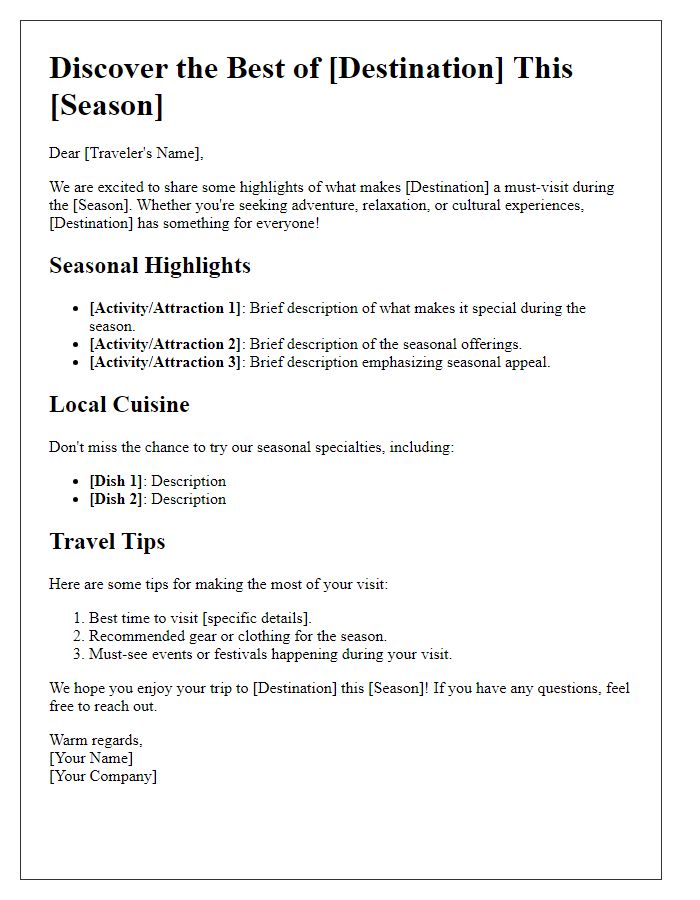 Letter template of destination highlights for seasonal travel