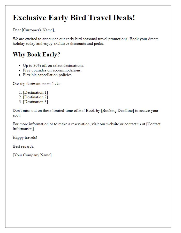 Letter template of early bird seasonal travel promotions