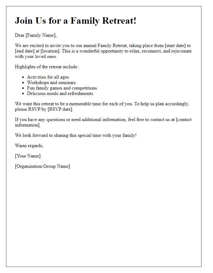 Letter template of family retreat offer communication