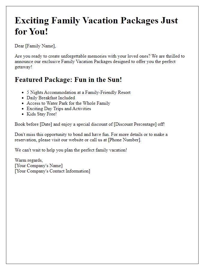 Letter template of family vacation package promotion