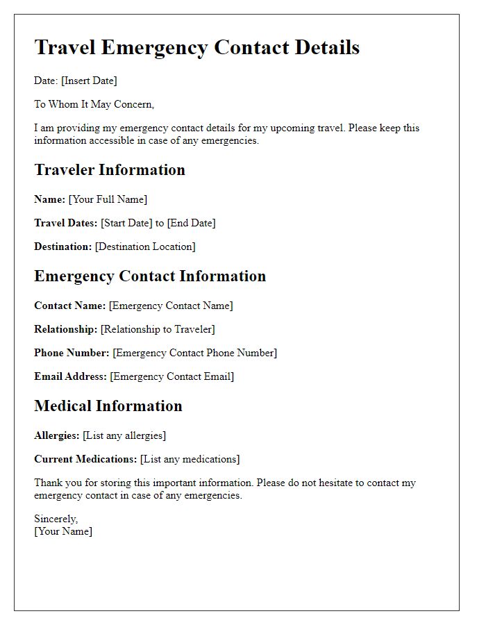 Letter template of travel emergency contact details