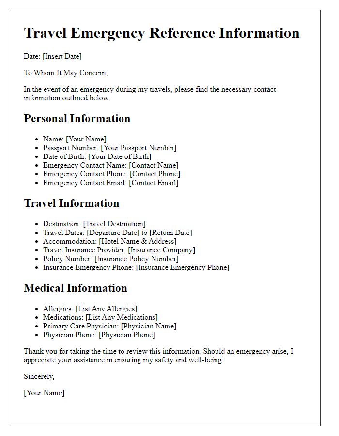 Letter template of travel emergency reference information