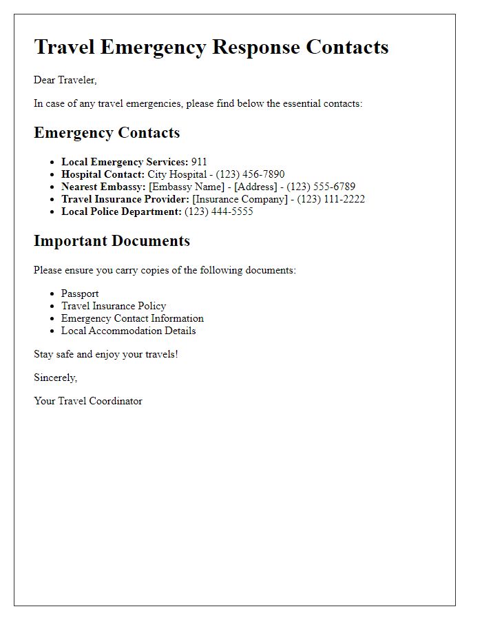 Letter template of travel emergency response contacts