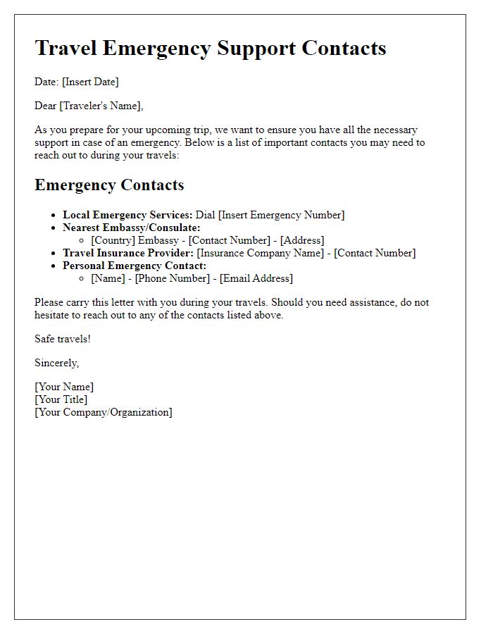 Letter template of travel emergency support contacts