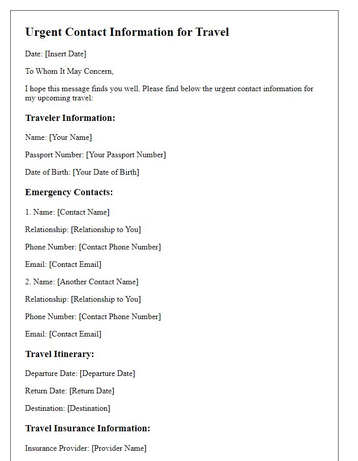 Letter template of travel urgent contact information