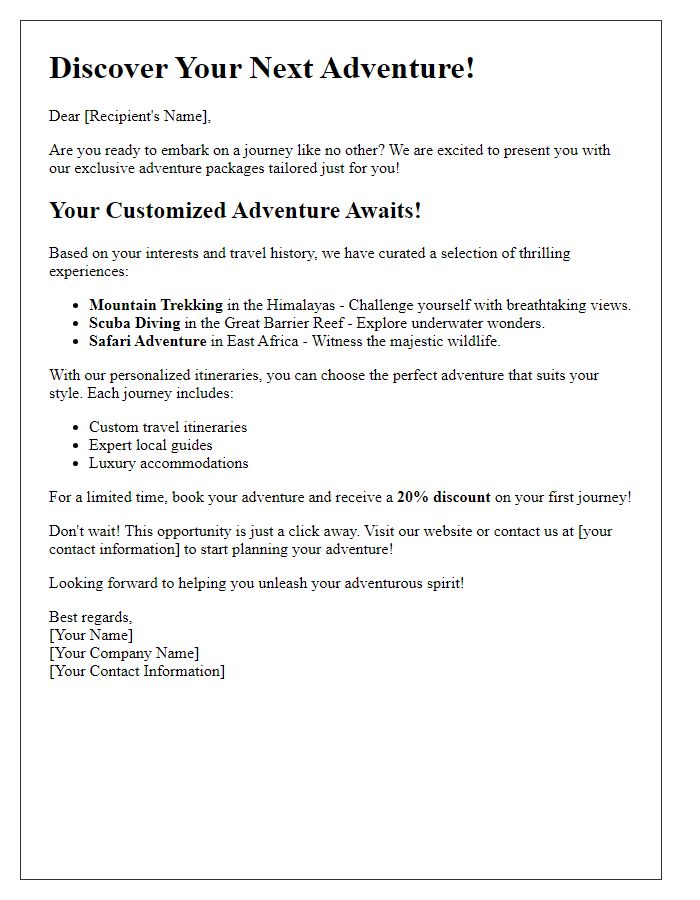 Letter template of customized adventure journey promotions.