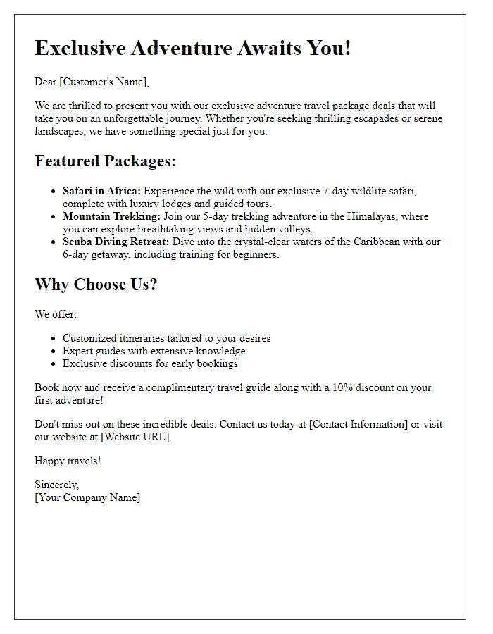 Letter template of exclusive adventure travel package deals.