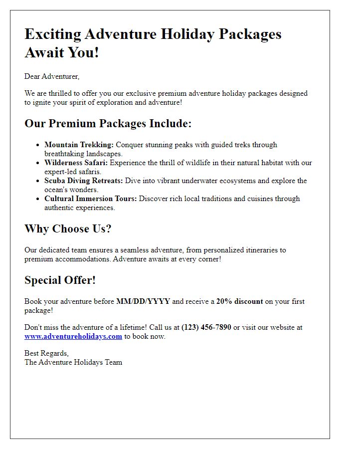 Letter template of premium adventure holiday packages.