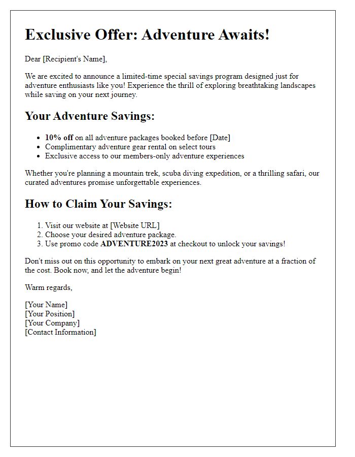 Letter template of special savings on adventure travel experiences.