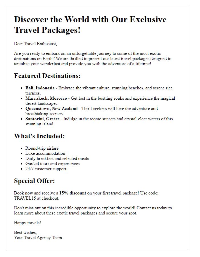 Letter template of enticing travel packages for exotic destinations